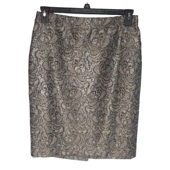 Ann Taylor Silver Paisley Print Jacquard Pencil Skirt Sz 10 Knee Length Slit - Picture 1 of 10